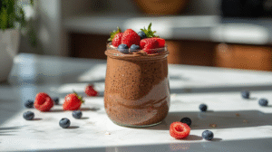 A jar of chocolate chia pudding topped with berries and nuts.