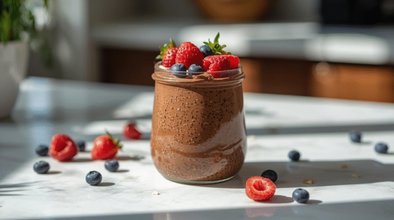 A jar of chocolate chia pudding topped with berries and nuts.