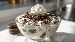 A bowl of high-protein Oreo fluff dessert with crushed Oreos on top, served in a clear dish.