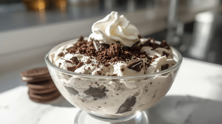 A bowl of high-protein Oreo fluff dessert with crushed Oreos on top, served in a clear dish.