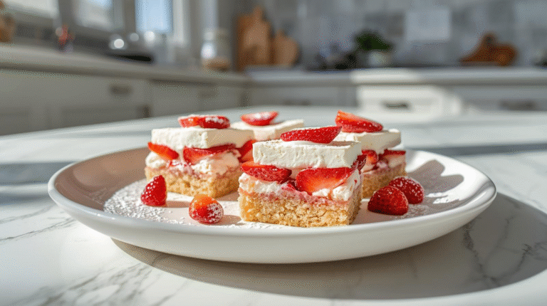 Strawberry shortcake dessert bars on a white plate, layered with golden shortbread crust, whipped cream, and fresh strawberry slices. Set in a bright modern kitchen with natural sunlight, soft white cabinetry, and pastel décor. Light shadows and fresh berries scattered around for a fresh, inviting look.