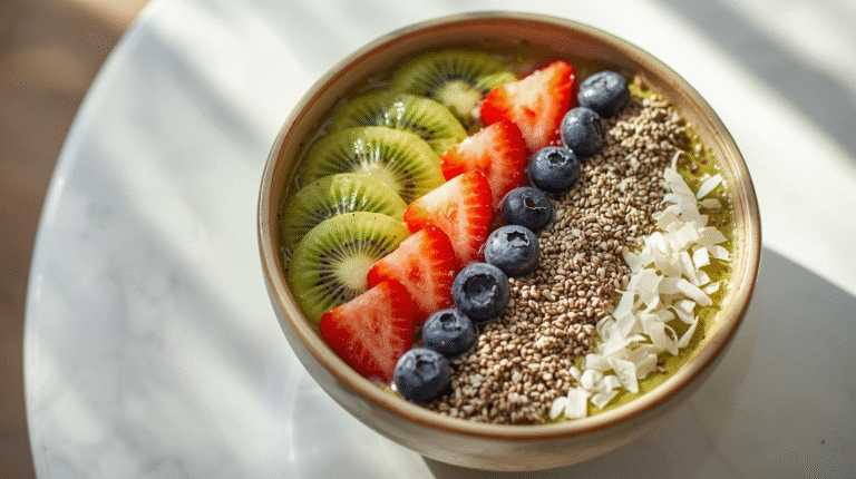 A colorful matcha smoothie bowl with fruits and toppings.