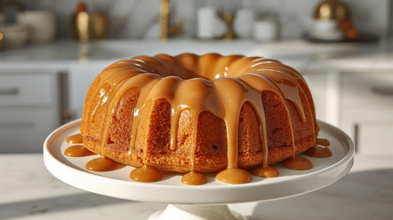 Full-view close-up of a golden chai Bundt cake topped with glossy maple glaze, small drips catching light from natural sunlight. Focus on the cake’s moist texture and shine. Background: a modern sunlit kitchen with clean counters, gold accents, and a steaming tea cup softly blurred behind for warmth.