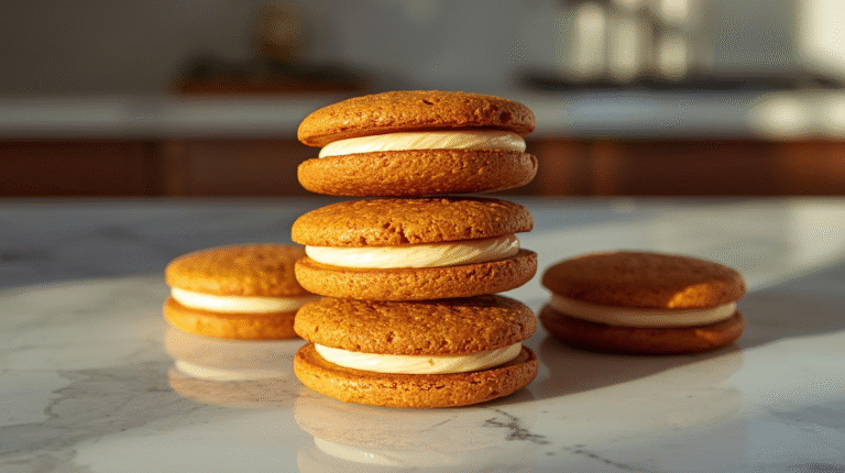 Full-view close-up of ginger molasses sandwich cookies stacked neatly, showing soft texture and creamy filling. Captured in natural sunlight within a modern kitchen with marble counters, holiday warmth tones, and soft shadows highlighting full cookies.