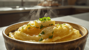 Full-view close-up of a bowl of creamy mashed potatoes topped with melted butter and parsley. Captured in natural sunlight in a modern kitchen with marble countertops and warm tones, emphasizing the rich texture and comforting steam.
