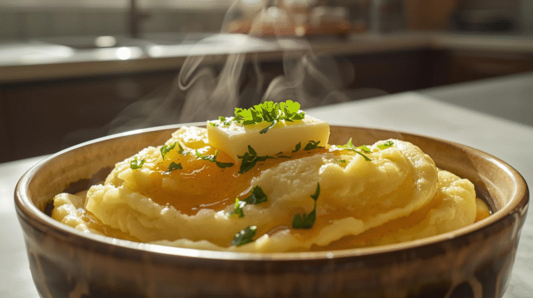 Full-view close-up of a bowl of creamy mashed potatoes topped with melted butter and parsley. Captured in natural sunlight in a modern kitchen with marble countertops and warm tones, emphasizing the rich texture and comforting steam.
