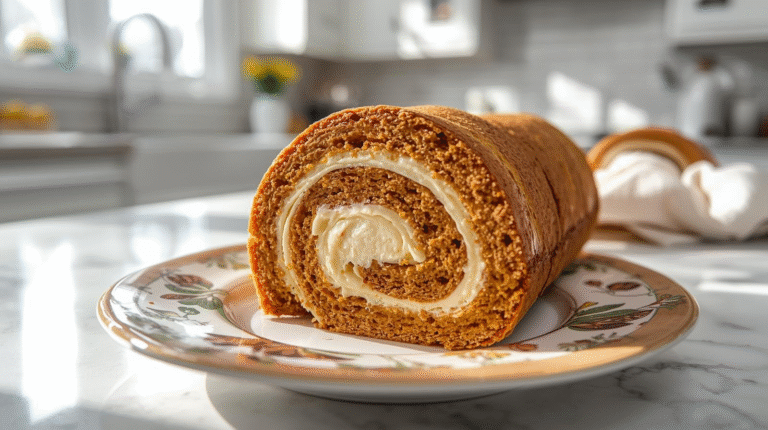 Full-view close-up, slightly sideways of a sliced pumpkin spice roll cake, cream cheese filling visible in each swirl. on a festive plate Captured in natural sunlight within a bright modern kitchen with light marble counters and fall-themed décor touches.