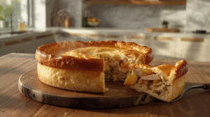 Full-view close-up of a golden chicken pot pie in a matte cream ceramic pie dish with flaky crust detail and steam escaping.