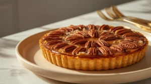 Full-view close-up of a caramel pecan tart on a matte beige ceramic plate that enhances golden tones.