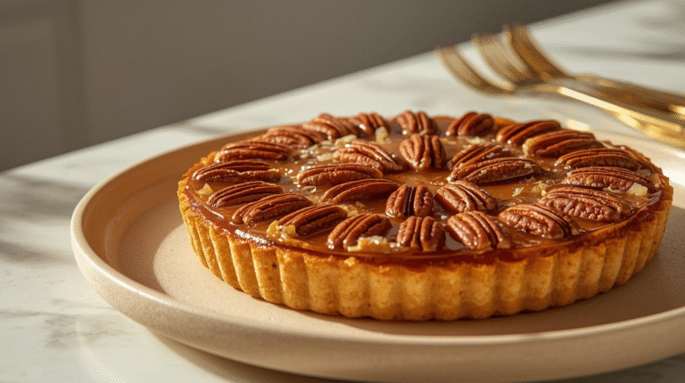 Full-view close-up of a caramel pecan tart on a matte beige ceramic plate that enhances golden tones.
