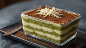 Layered matcha tiramisu with cocoa powder and white chocolate shavings in a glass dish.