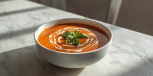 Close-up of creamy tomato basil soup in white bowl with basil garnish in a modern kitchen with sunlight.