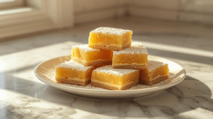 Close-up of creamy lemon bars on a white plate with powdered sugar in sunlit modern kitchen.