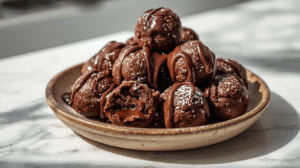A plate of fudgy chocolate brownie bites dusted with powdered sugar, some cut in half to show the gooey interior.