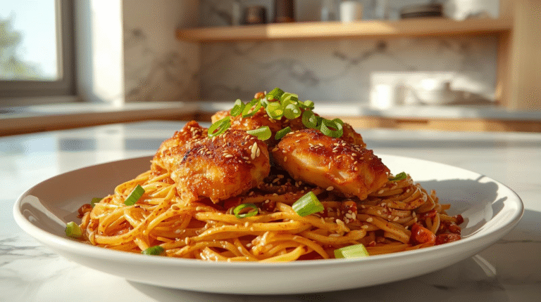 Crispy garlic chili chicken noodles with golden chicken, garnished with green onions and sesame seeds.