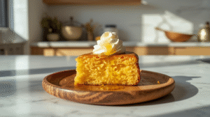 A slice of honey butter cornbread cake on a wooden plate, topped with whipped honey butter and honey drizzle.