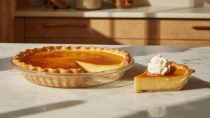 A slice of buttermilk pie with caramelized crust on a wooden table, served with whipped cream.