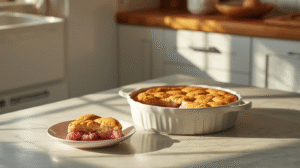 A warm strawberry cobbler with a sugar cookie topping, served with ice cream.