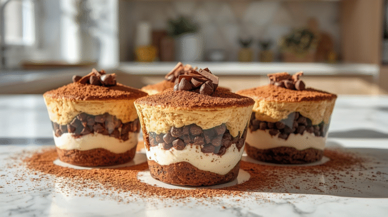 Rich espresso tiramisu cups layered with mascarpone and chocolate chips, garnished with cocoa powder and chocolate shavings.