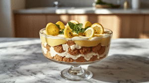 A layered lemon tiramisu trifle with mascarpone and ladyfingers, garnished with lemon slices and mint.