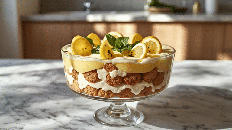 A layered lemon tiramisu trifle with mascarpone and ladyfingers, garnished with lemon slices and mint.