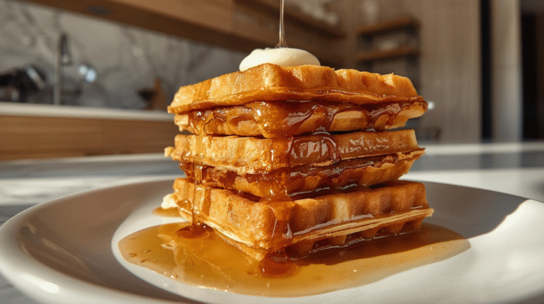 Golden brown waffle sandwiches filled with brown sugar filling, drizzled with syrup, served in a cozy brunch setting.