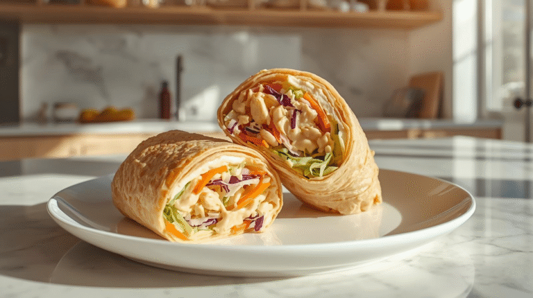 Creamy coleslaw chicken wrap sliced in half, filled with shredded chicken and colorful coleslaw on a marble table.