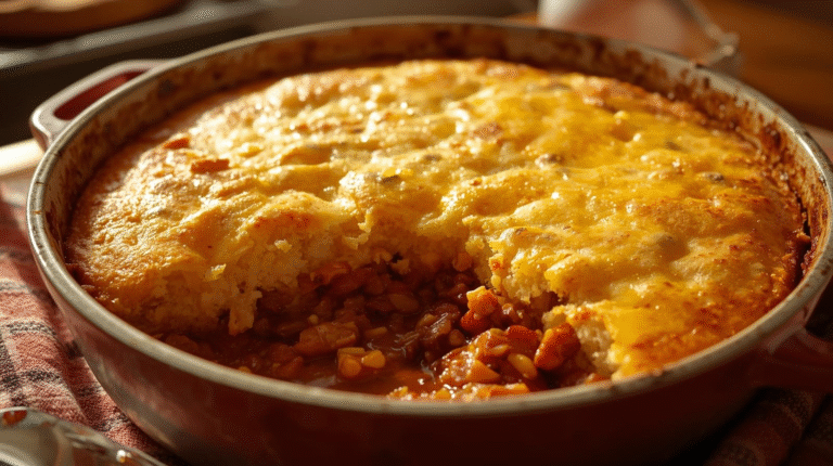 Cheesy cornbread chili bake with a golden topping and hearty chili base, garnished with green onions.