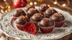 Festive red velvet truffle cups with chocolate ganache and sprinkles on a decorative platter.