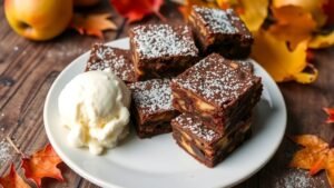 A plate of apple brownies with powdered sugar and vanilla ice cream, surrounded by fall leaves.