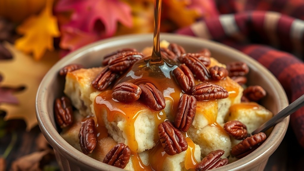 Warm maple pecan bread pudding with syrup and pecans in a rustic dish, set against an autumn backdrop.