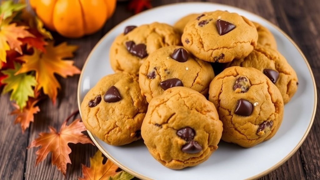 Warm brown butter pumpkin cookies with chocolate chunks on a rustic plate, surrounded by autumn decor.