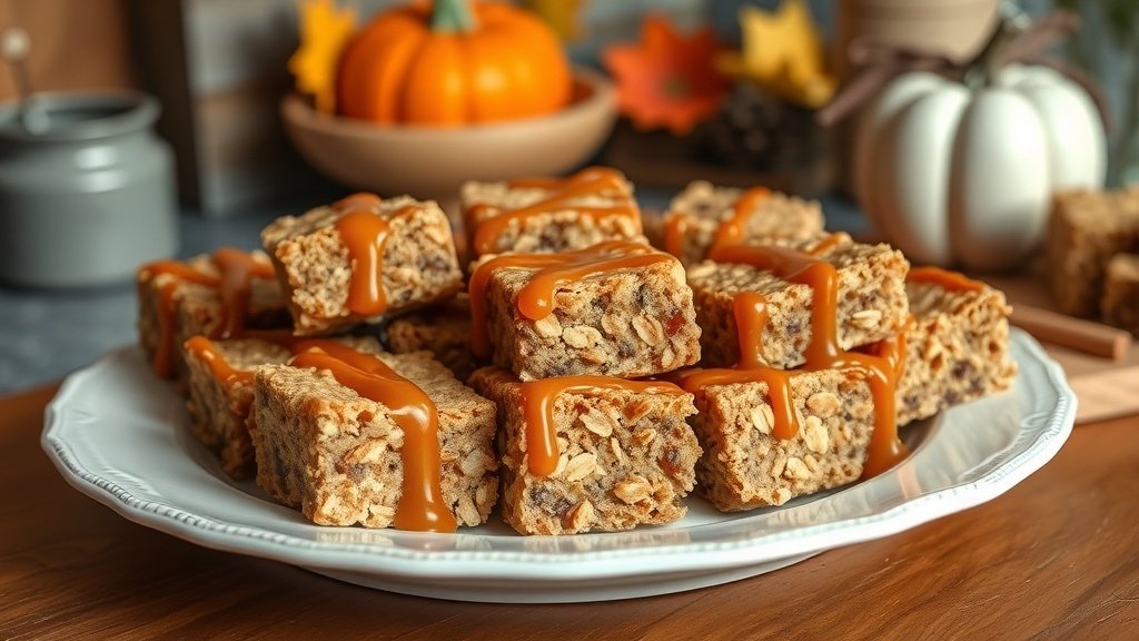 Spiced caramel oat bars on a plate, drizzled with caramel sauce, set in a cozy kitchen with autumn decor.