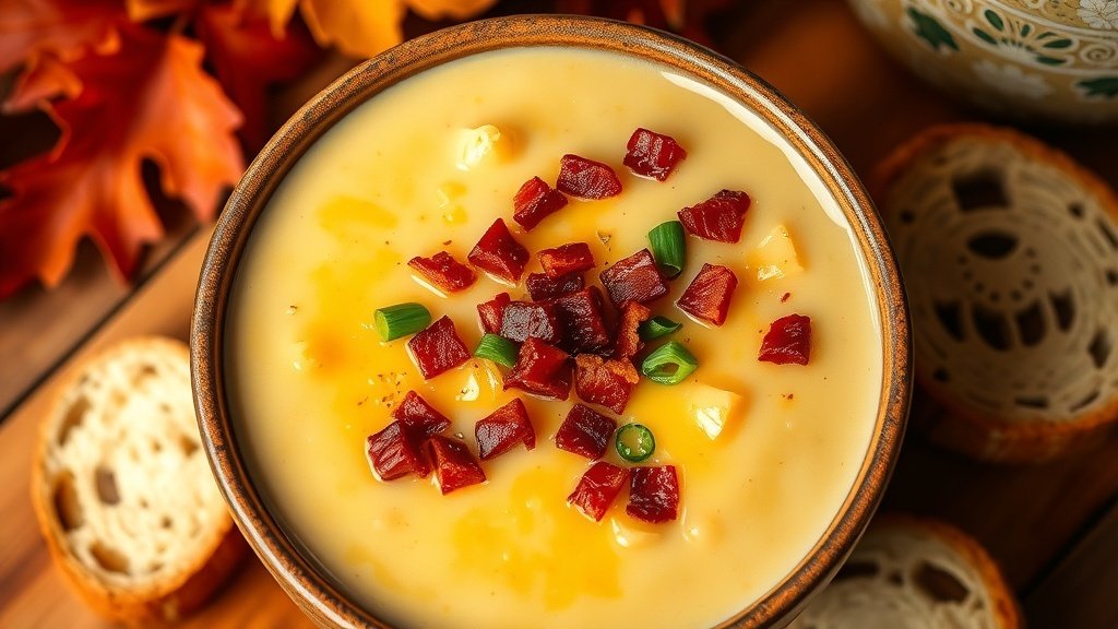 A bowl of creamy bacon potato soup garnished with bacon and green onions, served with bread on a wooden table.