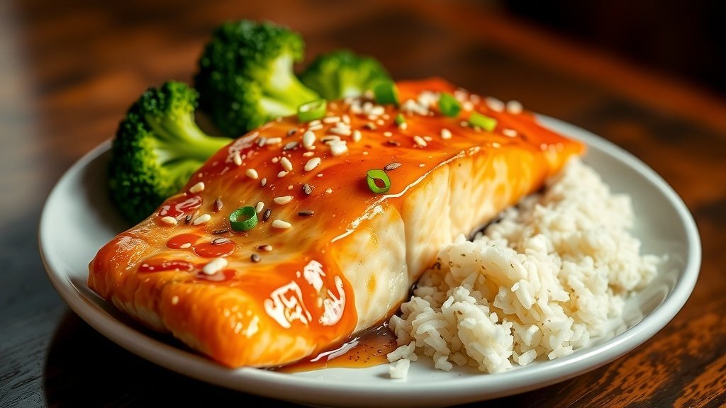 Honey garlic salmon fillets garnished with green onions and sesame seeds, served with broccoli and rice on a white plate.