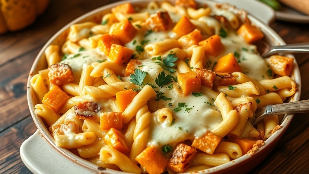 Cheesy roasted butternut squash pasta bake in a rustic dish, garnished with parsley, showcasing creamy pasta and golden squash.