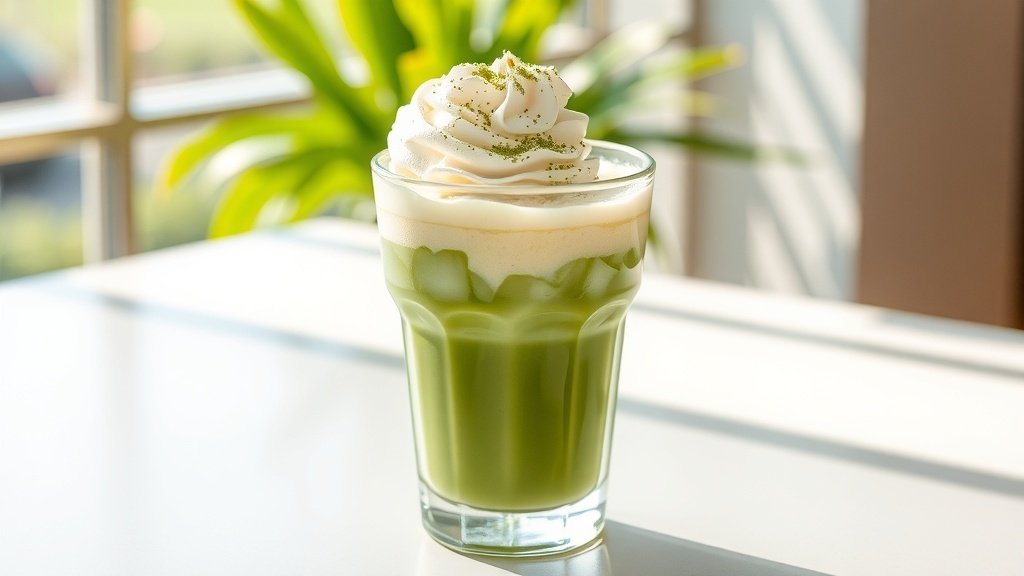 Iced matcha latte in a clear glass with whipped cream and matcha powder, surrounded by greenery.