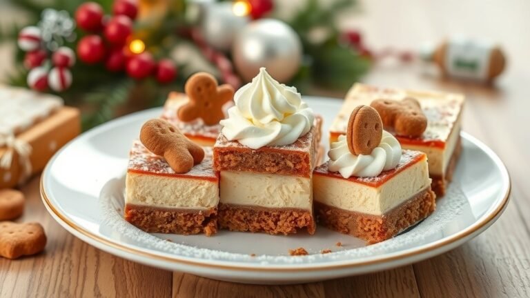 Gingerbread cheesecake bars on a festive plate, topped with whipped cream and crushed cookies, surrounded by holiday decorations.