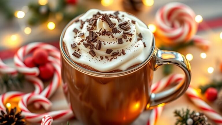 Peppermint mocha latte in a festive mug, topped with whipped cream and chocolate shavings, with holiday decorations in the background.