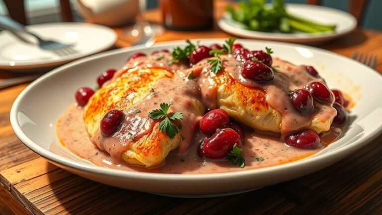 Creamy cranberry chicken bake with chicken breasts in cranberry sauce, garnished with parsley on a rustic table.