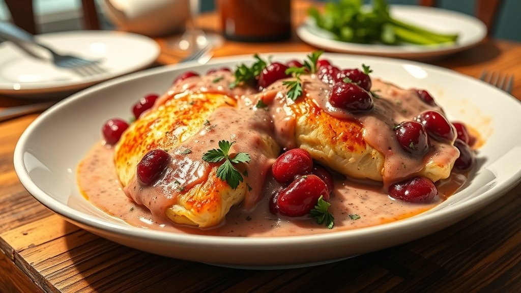 Creamy Cranberry Chicken Bake Recipe Creamy cranberry chicken bake with chicken breasts in cranberry sauce, garnished with parsley on a rustic table.