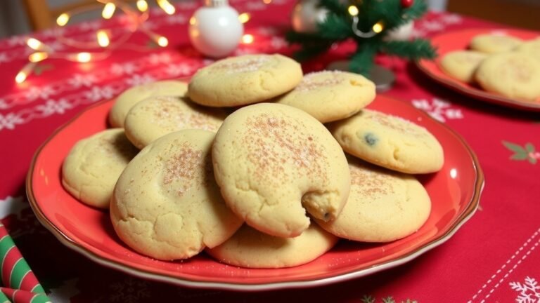 A plate of Eggnog Snickerdoodle Cookies dusted with cinnamon sugar, surrounded by holiday decorations.