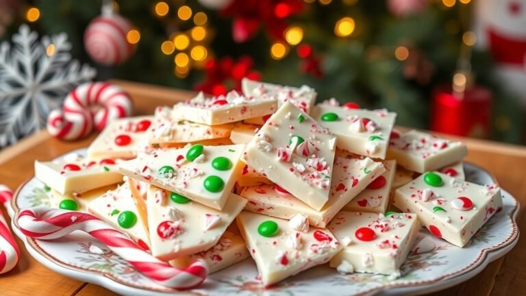 A plate of white chocolate peppermint bark topped with crushed peppermint candies, surrounded by holiday decorations.