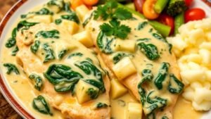 Creamy spinach artichoke chicken served with mashed potatoes and vegetables, garnished with parsley.