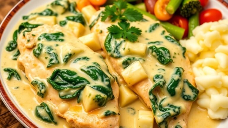 Creamy spinach artichoke chicken served with mashed potatoes and vegetables, garnished with parsley.