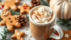 A cozy Hot Gingerbread Latte in a festive mug, topped with whipped cream and cinnamon, with gingerbread cookies in the background.