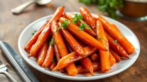 Maple glazed roasted carrots garnished with parsley on a rustic wooden table.