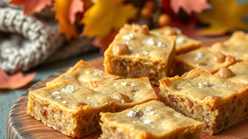 Golden brown butter toffee blondies with toffee bits on a rustic platter, surrounded by autumn leaves.