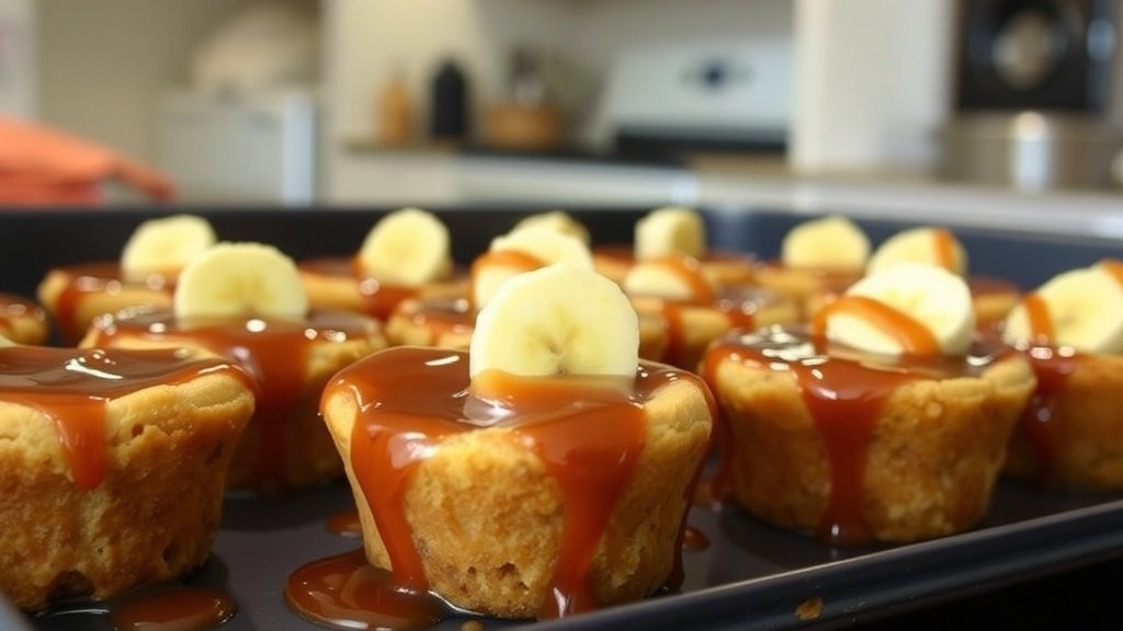 Gooey Caramelized Banana Bread Pudding Cups Warm banana bread pudding cups drizzled with caramel sauce, served in a cozy kitchen setting.