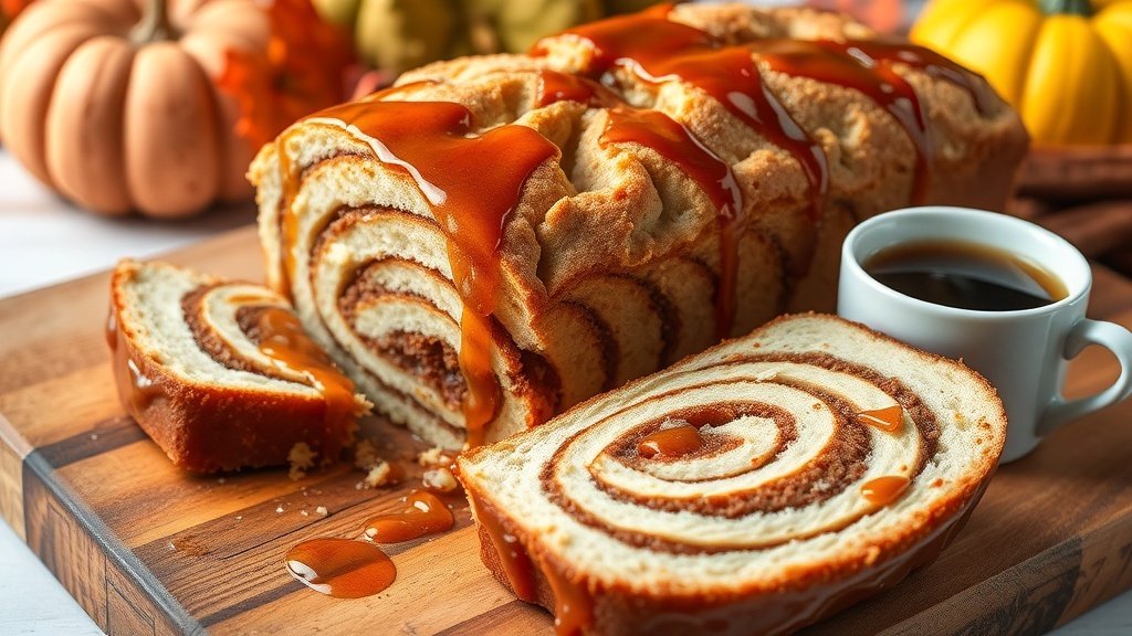 Cinnamon Swirl Pancake Loaf Recipe Sliced cinnamon swirl pancake loaf drizzled with maple glaze on a wooden board with coffee.